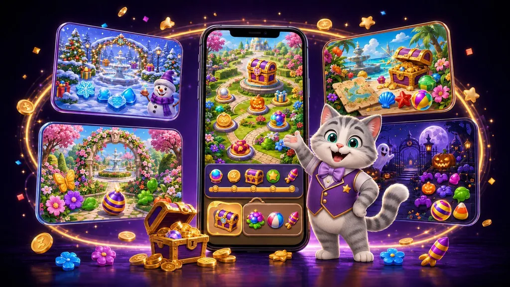 Seasonal match-3 mobile creative with a cat mascot and themed level screens