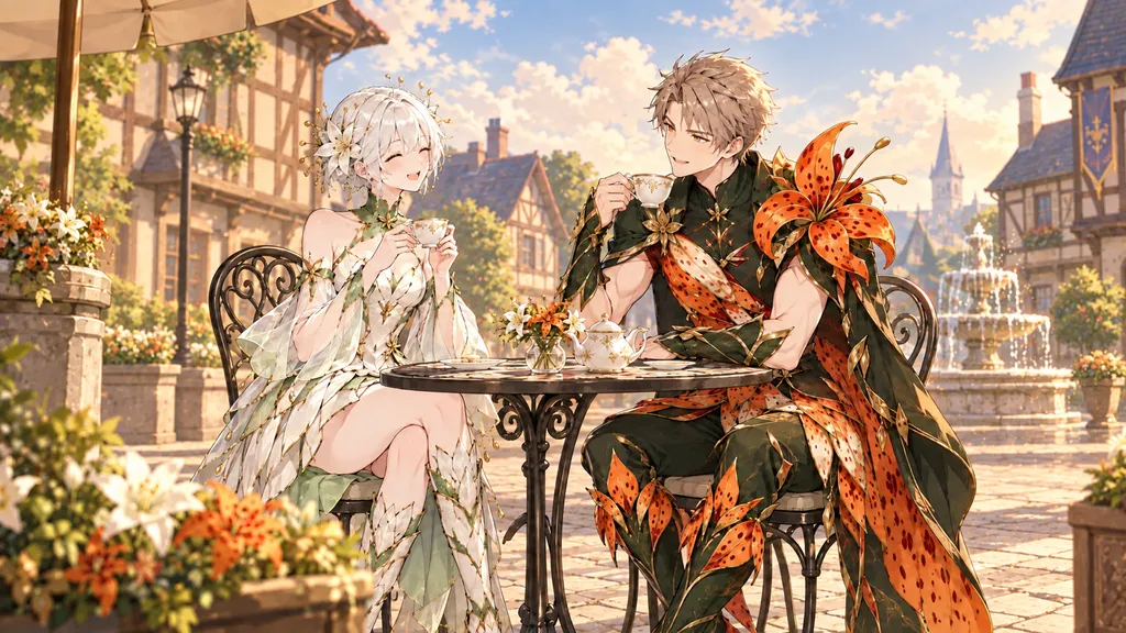 Two characters in coordinated floral skins sharing tea at a café table in a sunny town square: one in a pale gown of leaves and white lilies, the other in a dark green cape and trousers patterned like tiger lilies