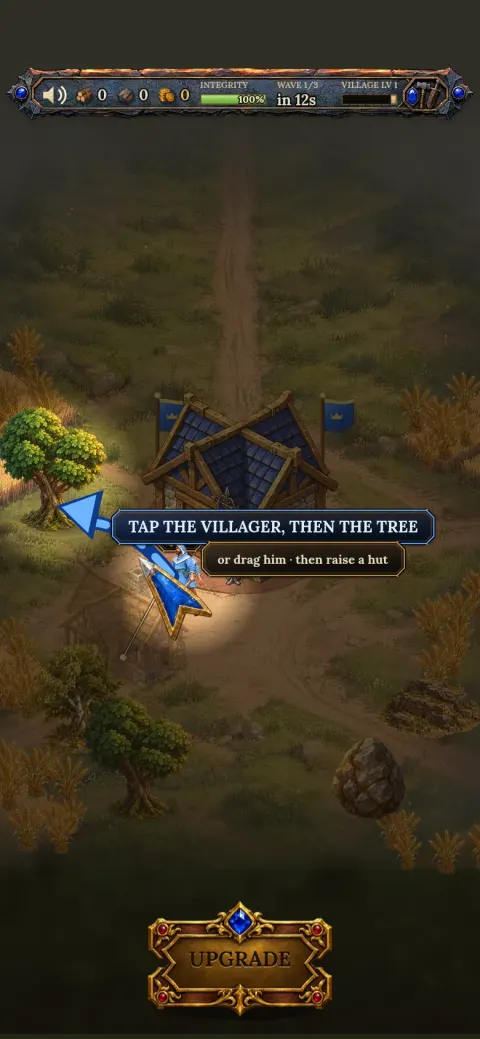 A painted top-down village under attack, with a tutorial arrow saying tap the villager, then the tree, and a wave counter on the HUD