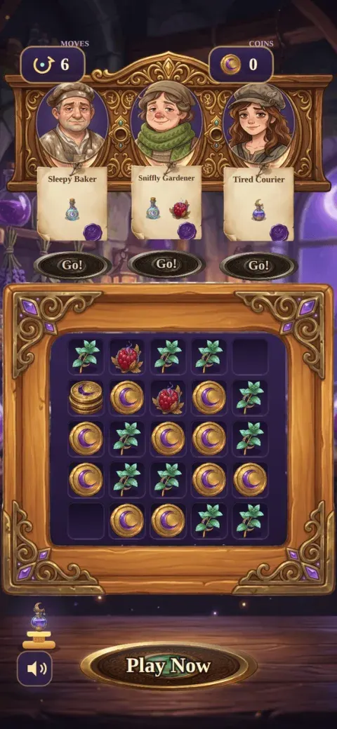 An apothecary merge board of moon coins and herbs under three customers, each showing the order they are waiting for