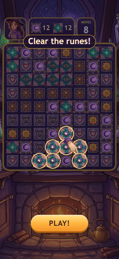 A portrait match-3 board of carved rune tiles with a moves counter, a rune goal and a hand pointer showing the first match