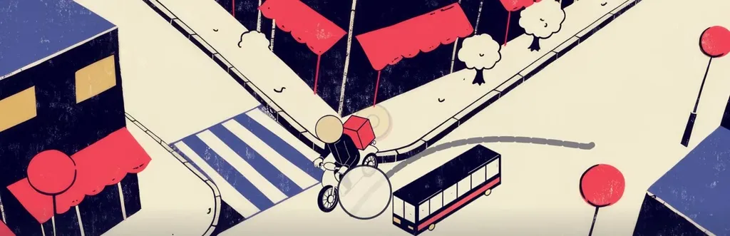 A generated city scene with a moped passing a bus