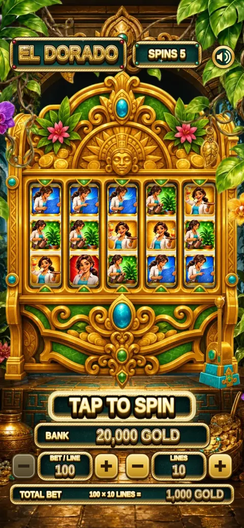 A gilded jungle slot machine with five reels, a gold bank, bet and line controls and a tap to spin button