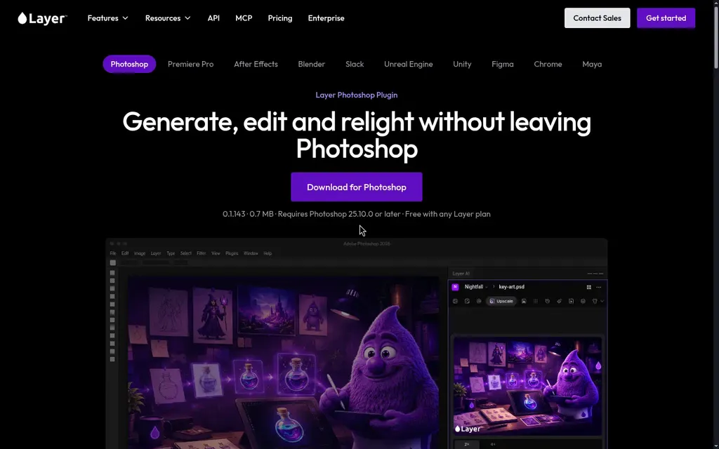 Layer Photoshop plugin panel beside a character generated on a transparent canvas
